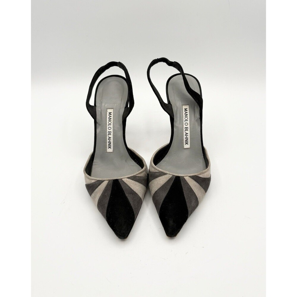 Manolo Blahnik Gray & Black Suede Stripes Slingback Pointed Toe Heels Size EU 35 - Picture 2 of 13